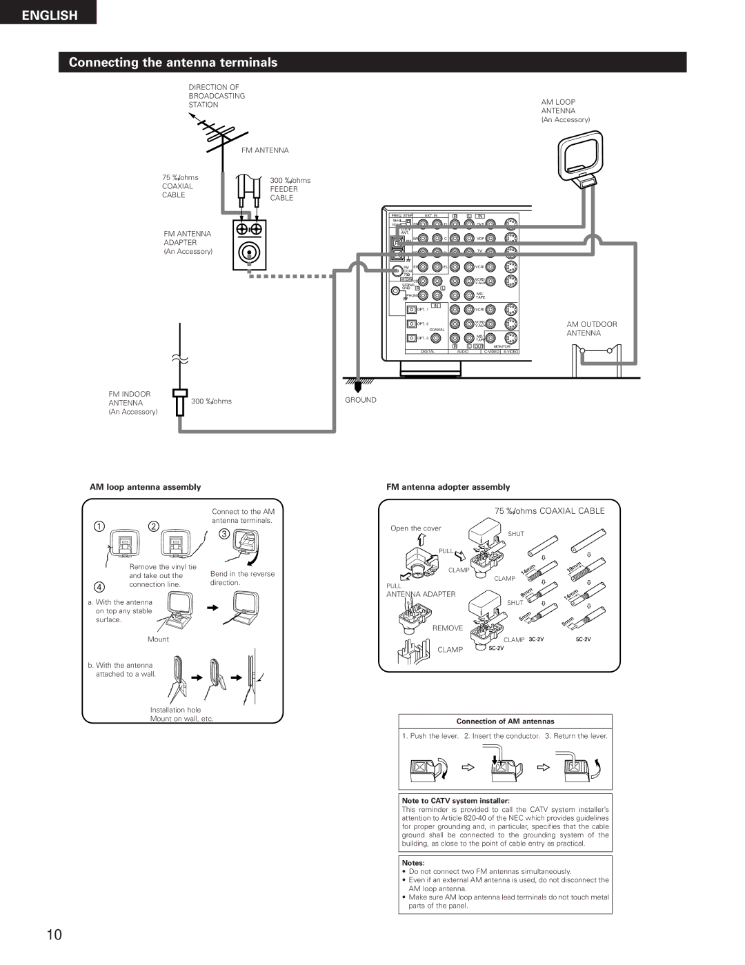 Denon AVR-3300 manual Connecting the antenna terminals, AM loop antenna assembly FM antenna adopter assembly 