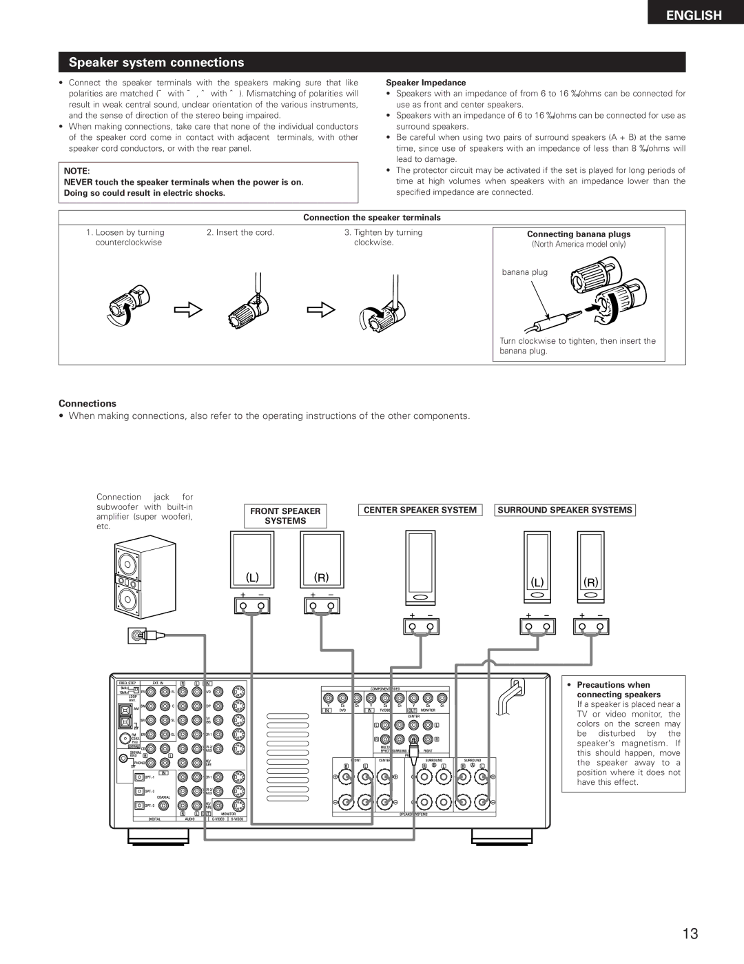 Denon AVR-3300 manual Speaker system connections, Connections, Connection the speaker terminals 