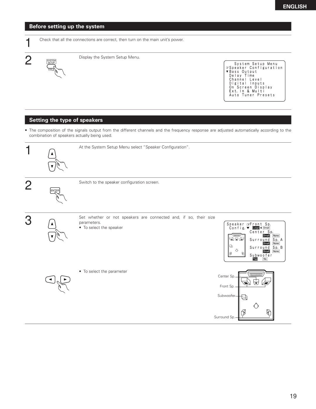 Denon AVR-3300 manual Before setting up the system, Setting the type of speakers 