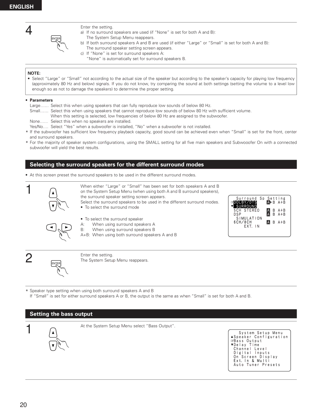 Denon AVR-3300 Setting the bass output, System Setup Menu reappears, Surround speaker setting screen appears, Parameters 