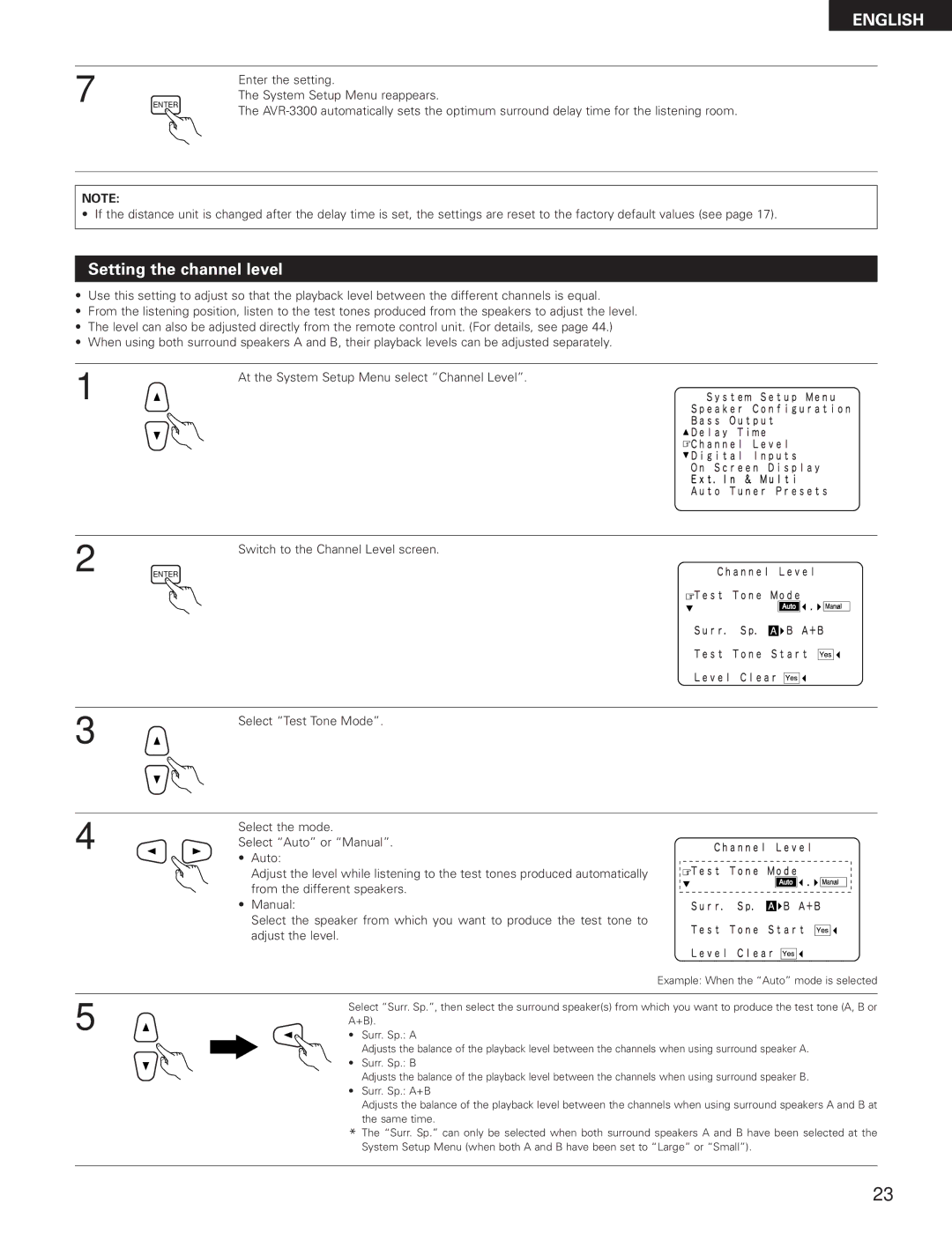 Denon AVR-3300 manual Setting the channel level, Enter the setting System Setup Menu reappears 