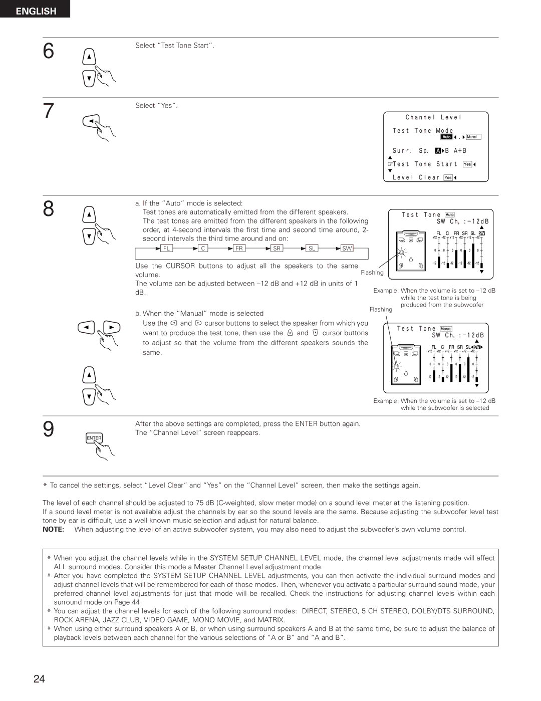 Denon AVR-3300 manual Volume can be adjusted between -12 dB and +12 dB in units, When the Manual mode is selected, Use 