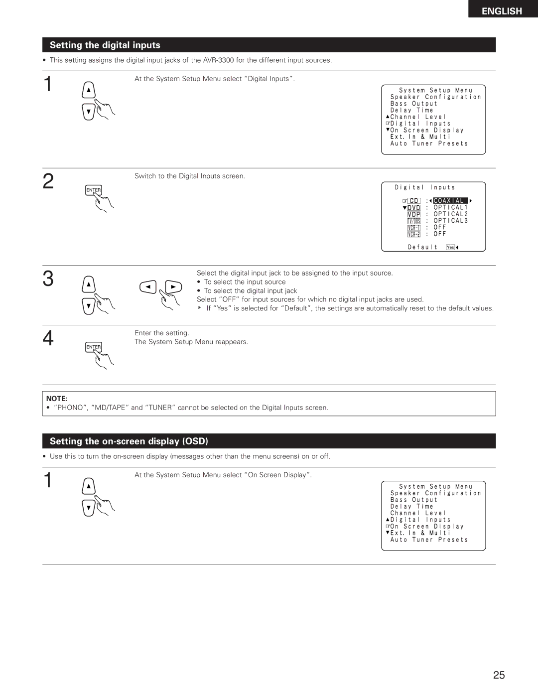 Denon AVR-3300 manual Setting the digital inputs, Setting the on-screen display OSD 