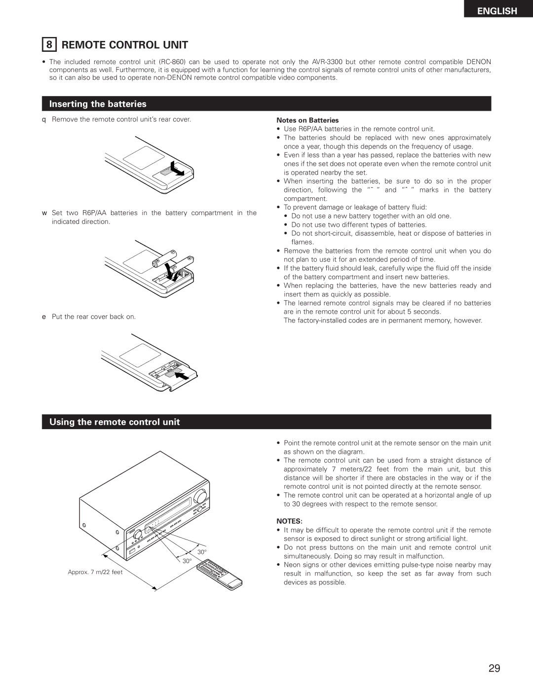 Denon AVR-3300 manual Remote Control Unit, Inserting the batteries, Using the remote control unit 