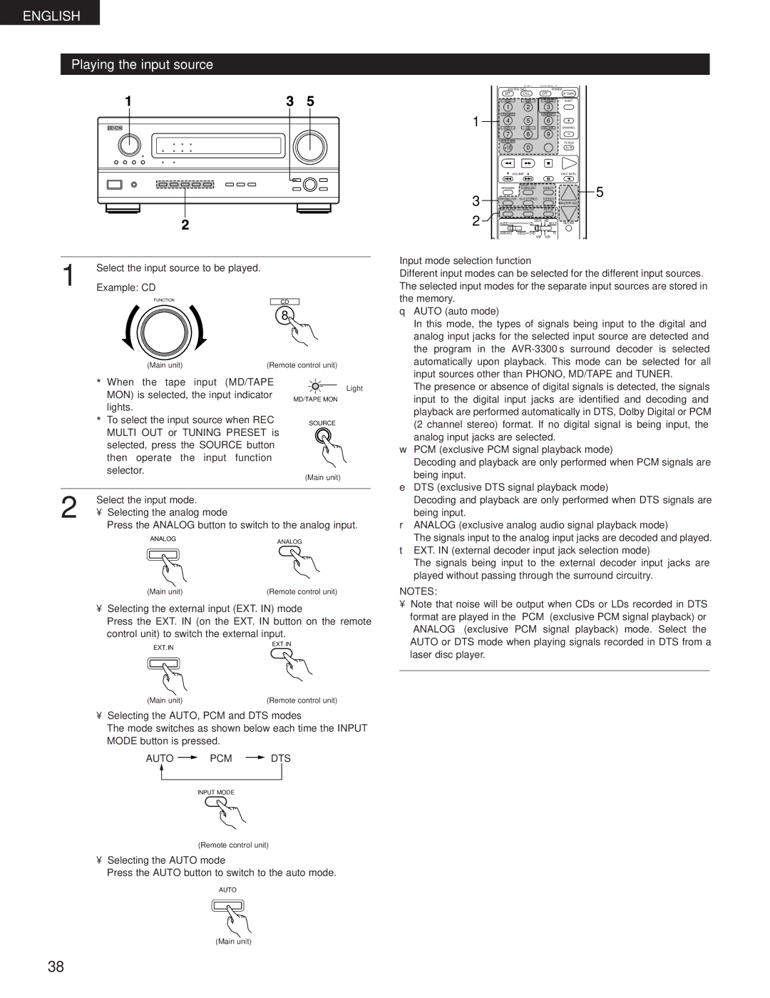 Denon AVR-3300 manual Playing the input source, Example CD, Input mode selection function 