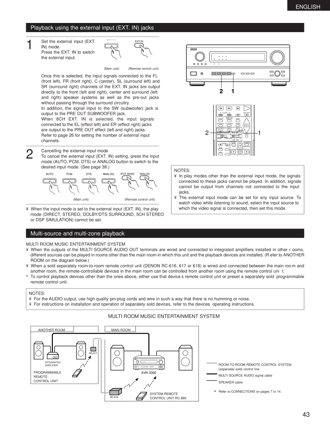 Denon AVR-3300 manual Playback using the external input EXT. in jacks, Multi-source and multi-zone playback 