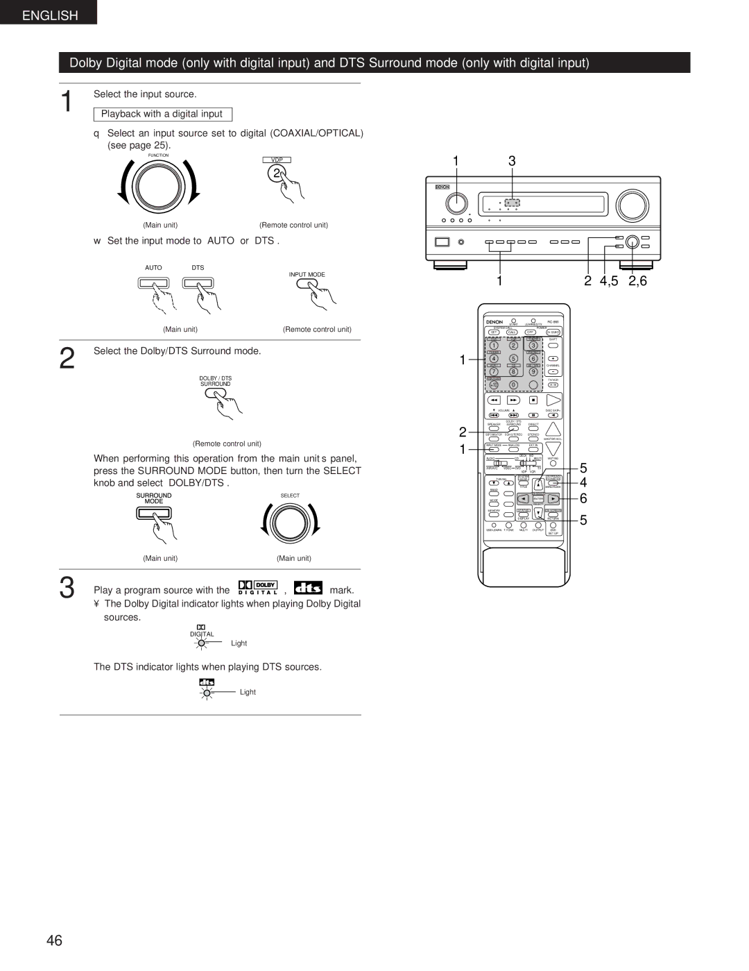 Denon AVR-3300 manual Set the input mode to Auto or DTS, Select the Dolby/DTS Surround mode 