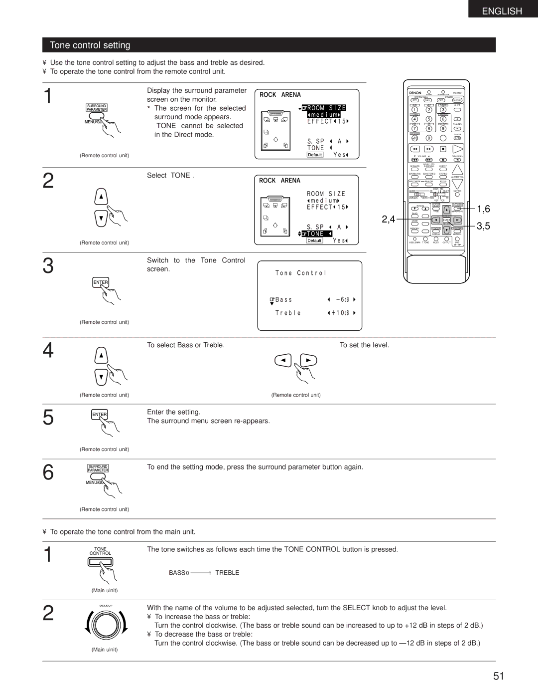 Denon AVR-3300 manual Tone control setting 