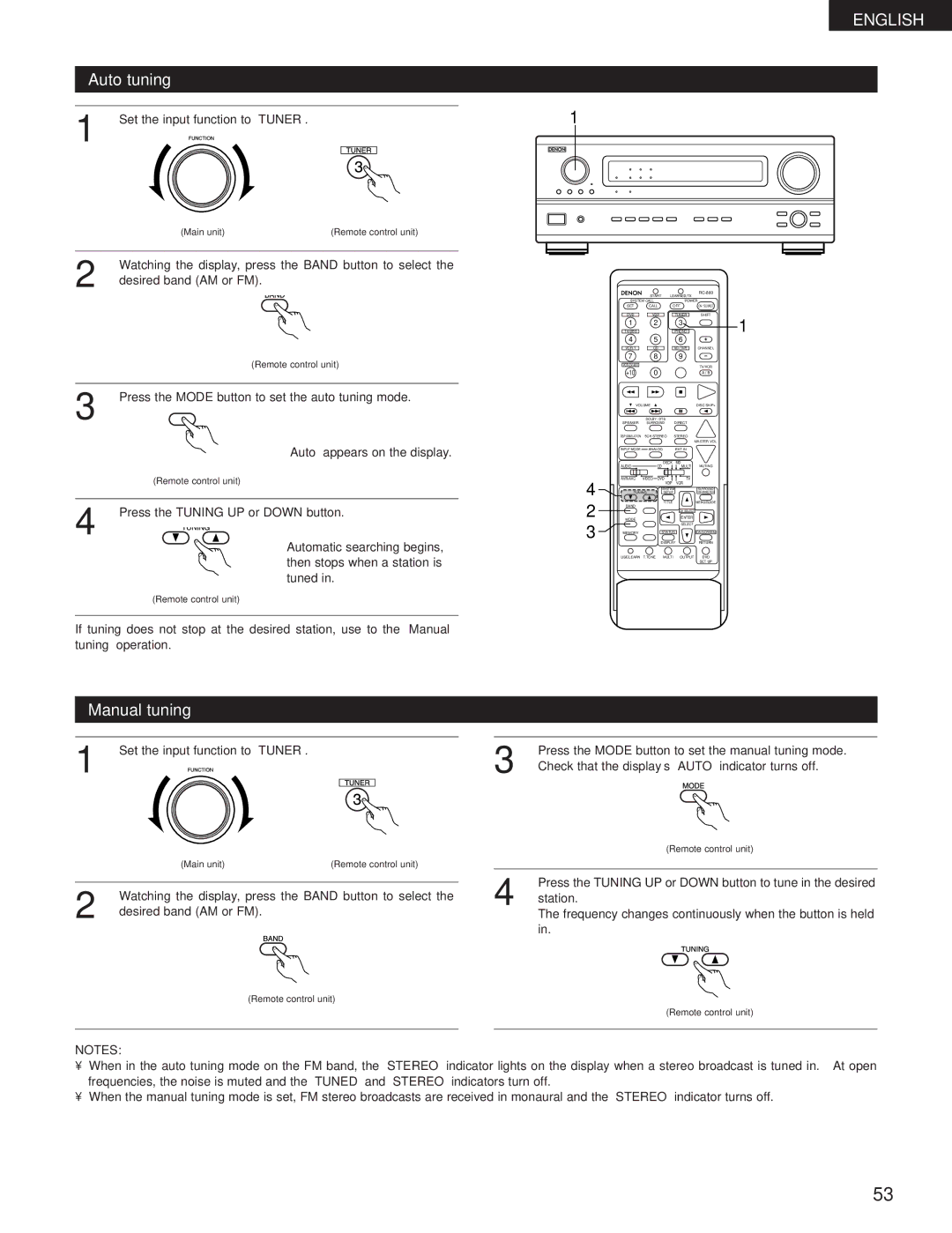 Denon AVR-3300 manual Auto tuning, Manual tuning 