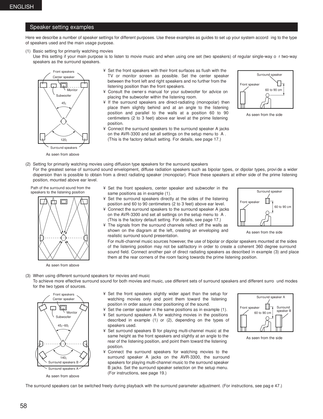 Denon AVR-3300 manual Speaker setting examples, Basic setting for primarily watching movies, As seen from the side 