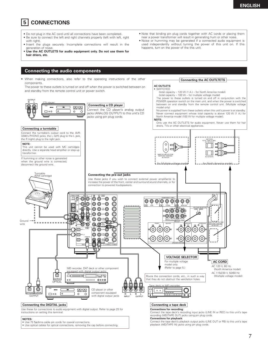 Denon AVR-3300 manual Connections, Connecting the audio components 