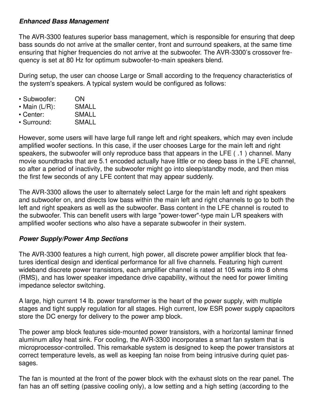 Denon AVR-3300 manual Enhanced Bass Management, Power Supply/Power Amp Sections 