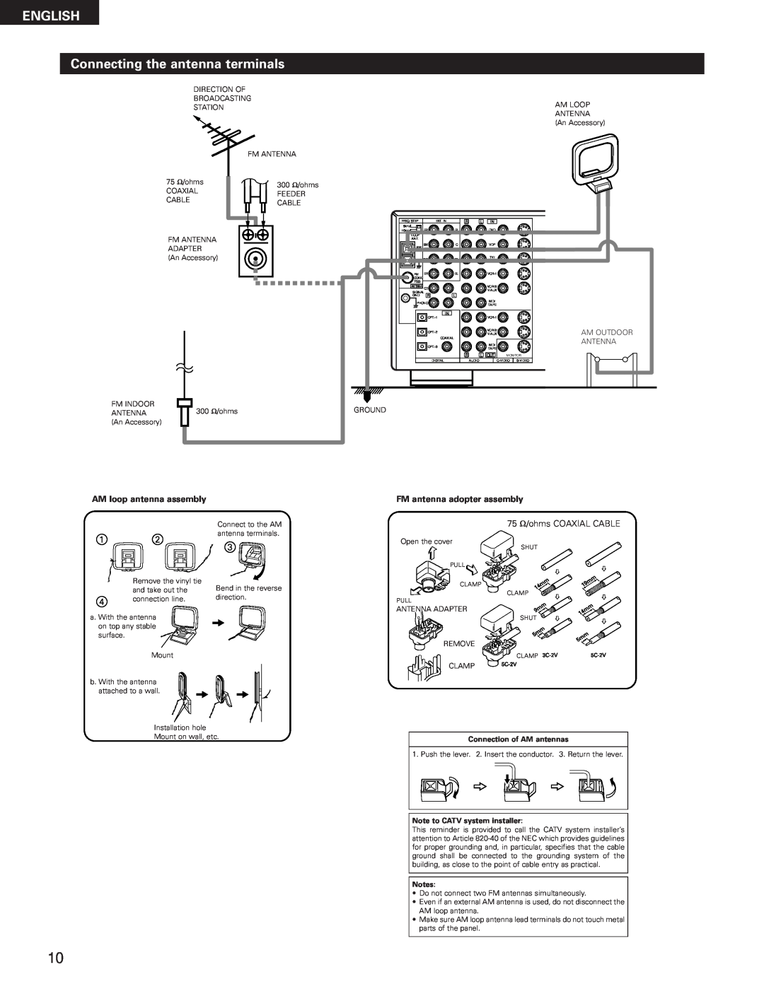 Denon AVR-3300 manual ENGLISH Connecting the antenna terminals, AM loop antenna assembly, FM antenna adopter assembly 