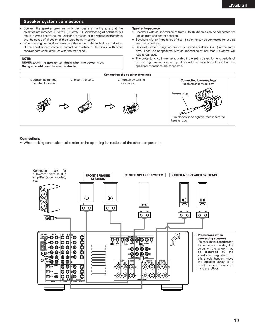 Denon AVR-3300 manual ENGLISH Speaker system connections, Connections, Speaker Impedance, Connection the speaker terminals 