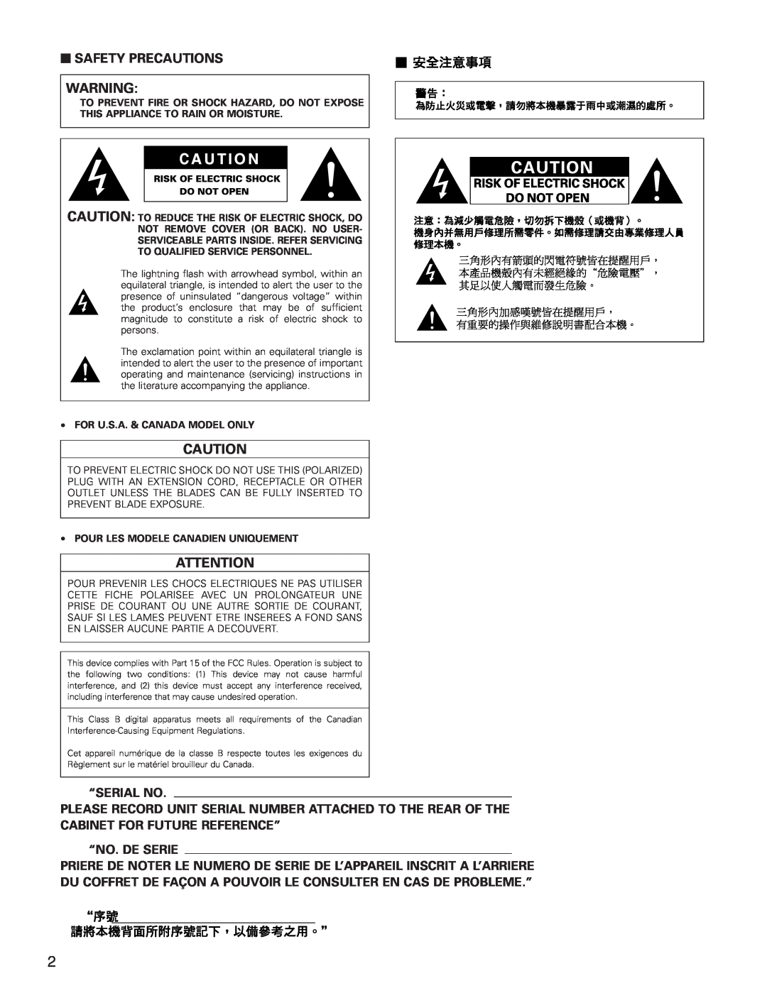 Denon AVR-3300 manual 2SAFETY PRECAUTIONS, “Serial No, “No. De Serie, To Prevent Fire Or Shock Hazard, Do Not Expose 