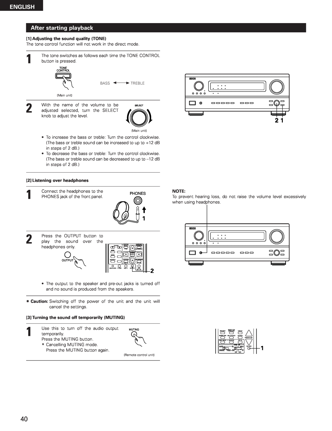 Denon AVR-3300 manual ENGLISH After starting playback, Adjusting the sound quality TONE, 2Listening over headphones 