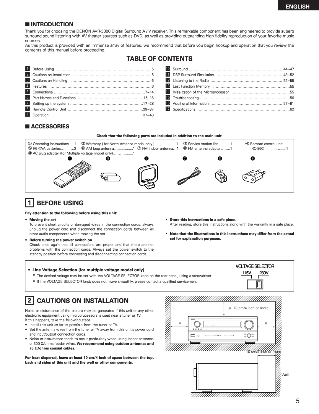 Denon AVR-3300 manual Table Of Contents, Before Using, Cautions On Installation, English, 2INTRODUCTION, 2ACCESSORIES 