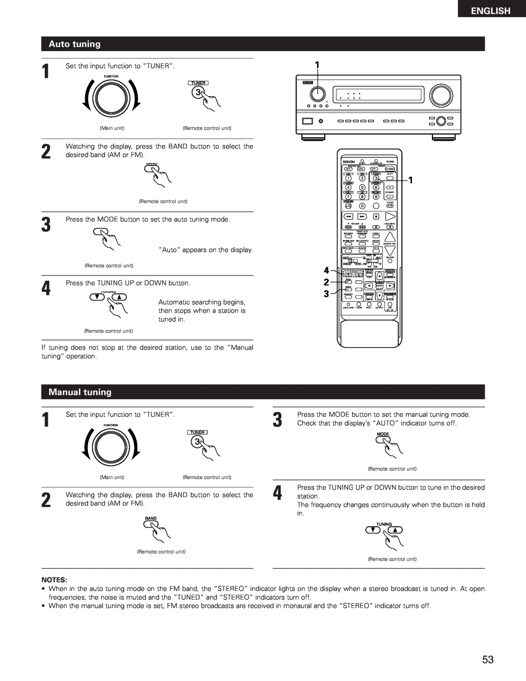 Denon AVR-3300 manual ENGLISH Auto tuning, Manual tuning 