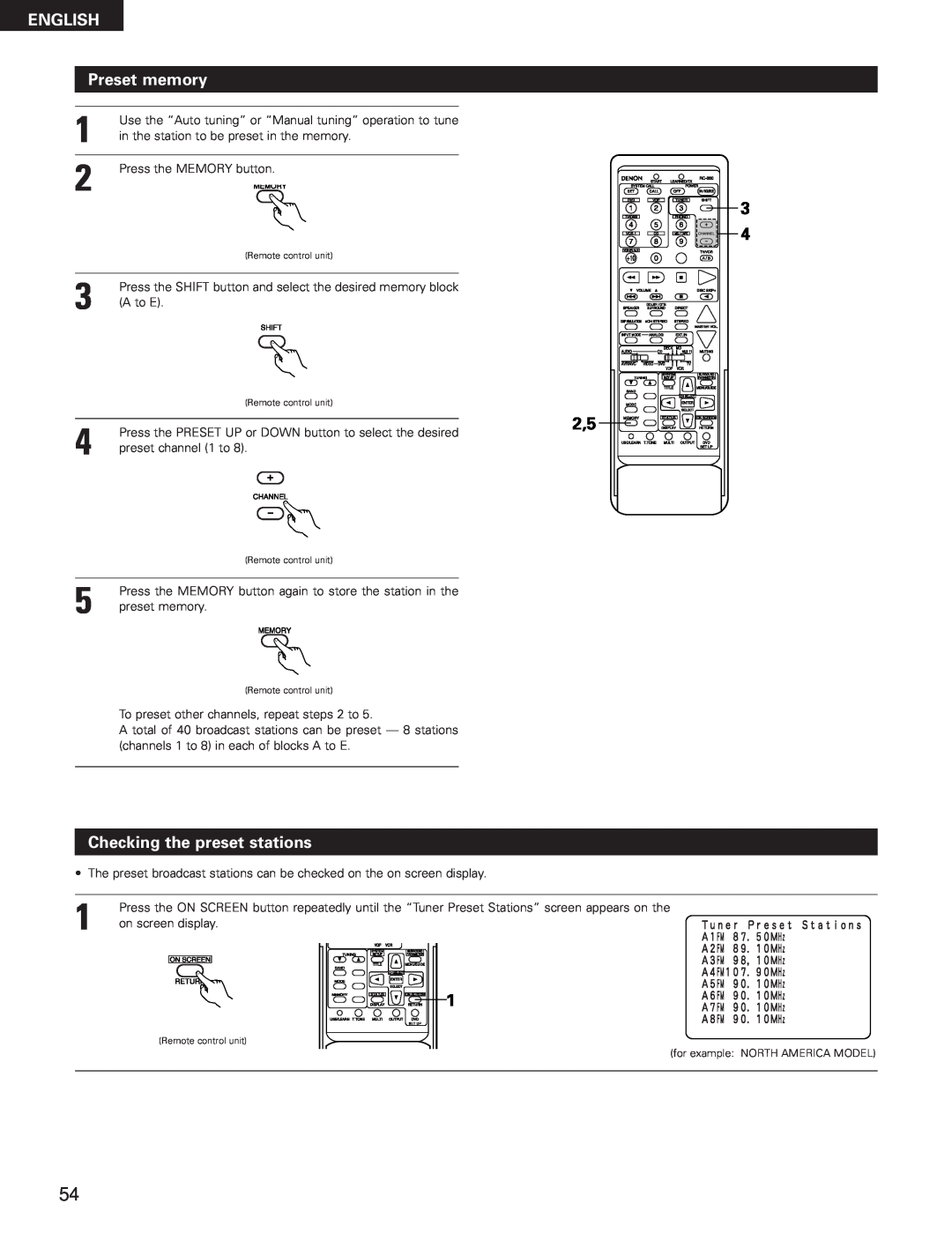Denon AVR-3300 manual Checking the preset stations, ENGLISH Preset memory 