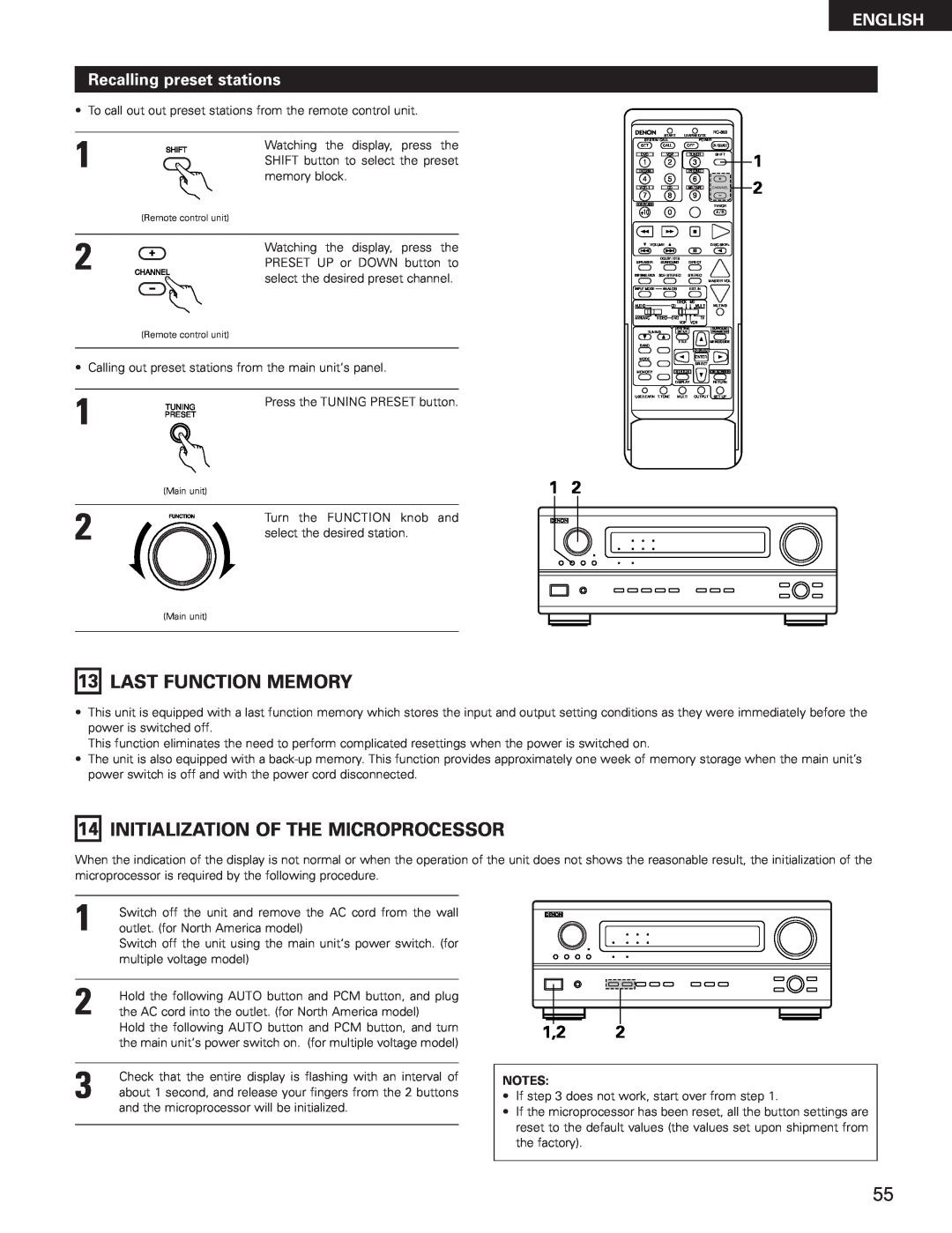 Denon AVR-3300 manual 13LAST FUNCTION MEMORY, 14INITIALIZATION OF THE MICROPROCESSOR, ENGLISH Recalling preset stations 