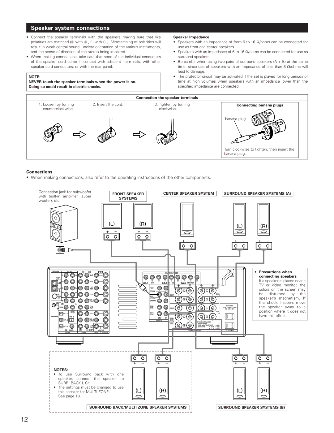 Denon AVR-3801 manual Speaker system connections, Connections, Connection the speaker terminals, Connecting banana plugs 