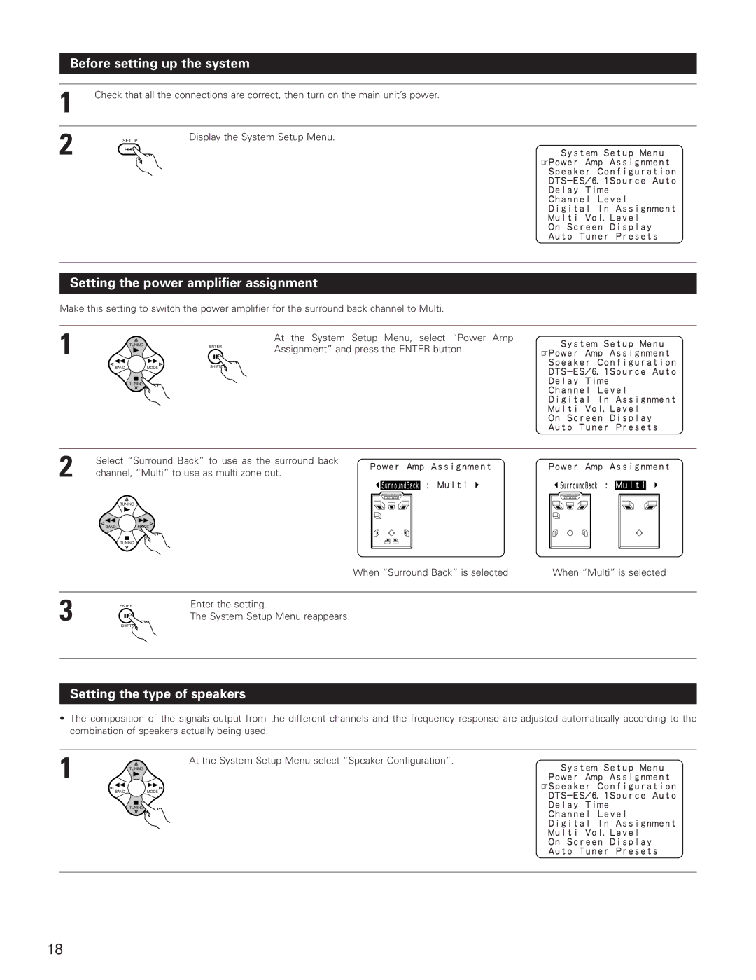 Denon AVR-3801 manual Before setting up the system, Setting the power amplifier assignment, Setting the type of speakers 