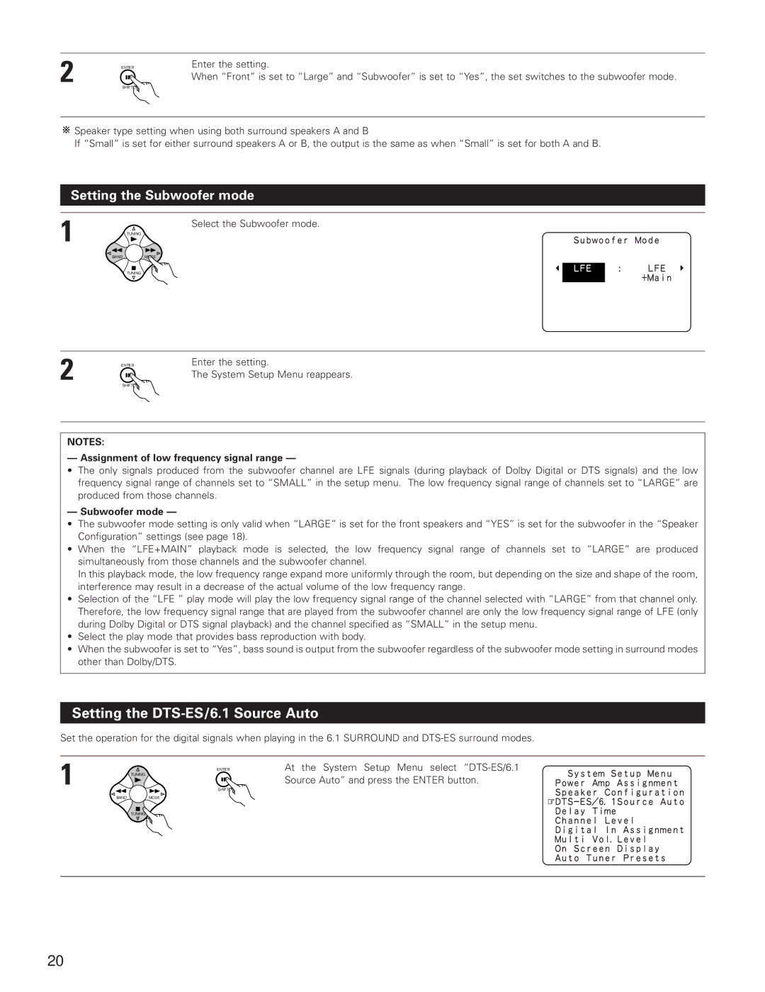 Denon AVR-3801 manual Setting the Subwoofer mode, Assignment of low frequency signal range 