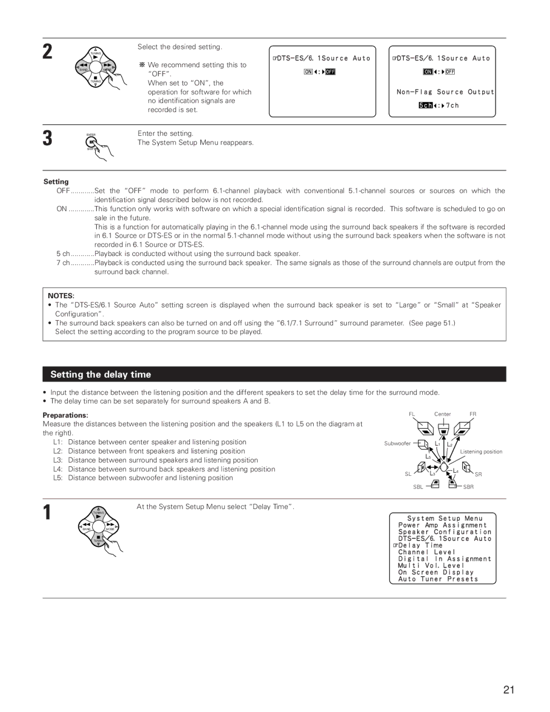 Denon AVR-3801 manual Setting the delay time, Off, Preparations 