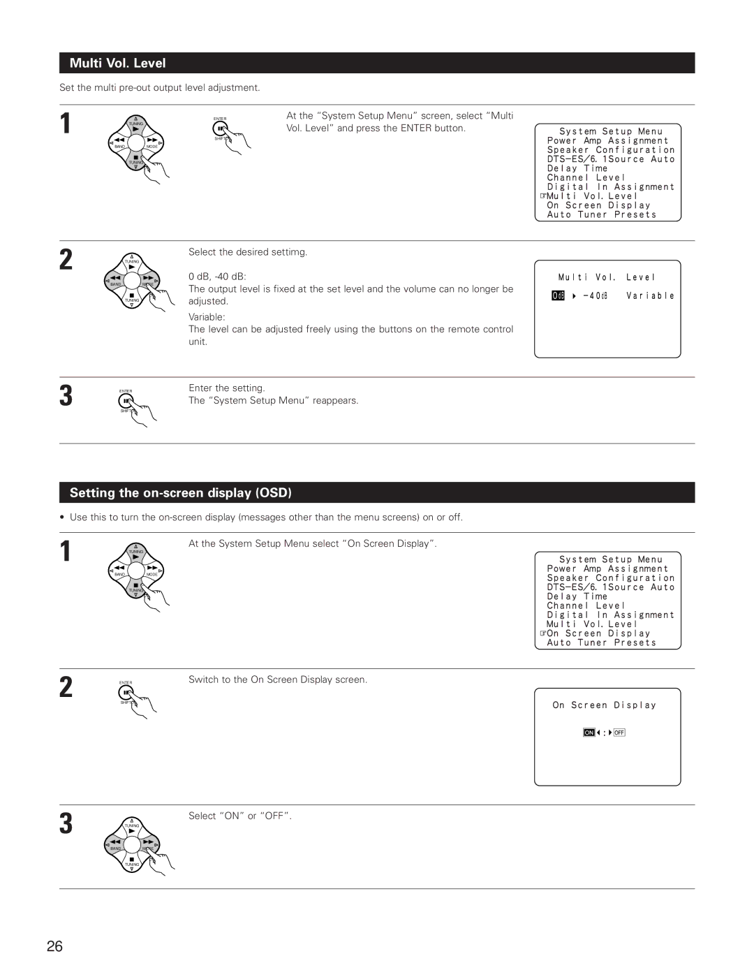 Denon AVR-3801 manual Multi Vol. Level, Setting the on-screen display OSD, Set the multi pre-out output level adjustment 