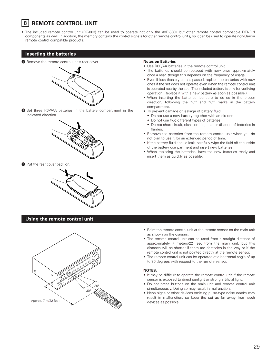 Denon AVR-3801 manual Remote Control Unit, Inserting the batteries, Using the remote control unit 