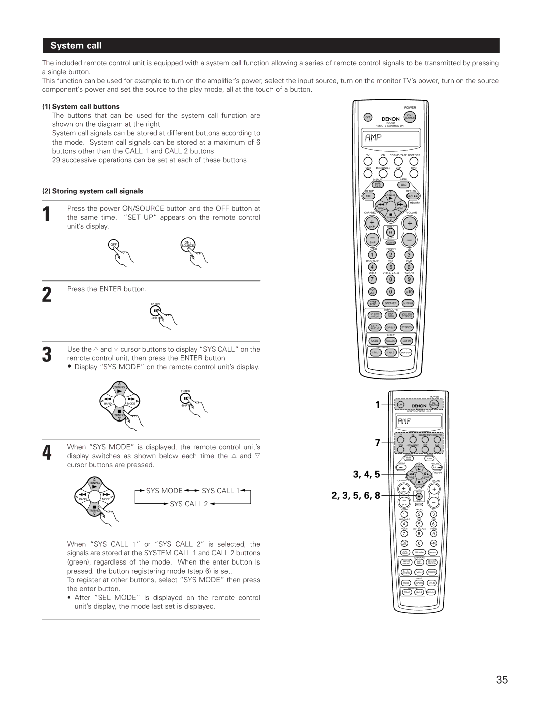 Denon AVR-3801 manual System call buttons, Storing system call signals, SYS Mode, SYS Call 