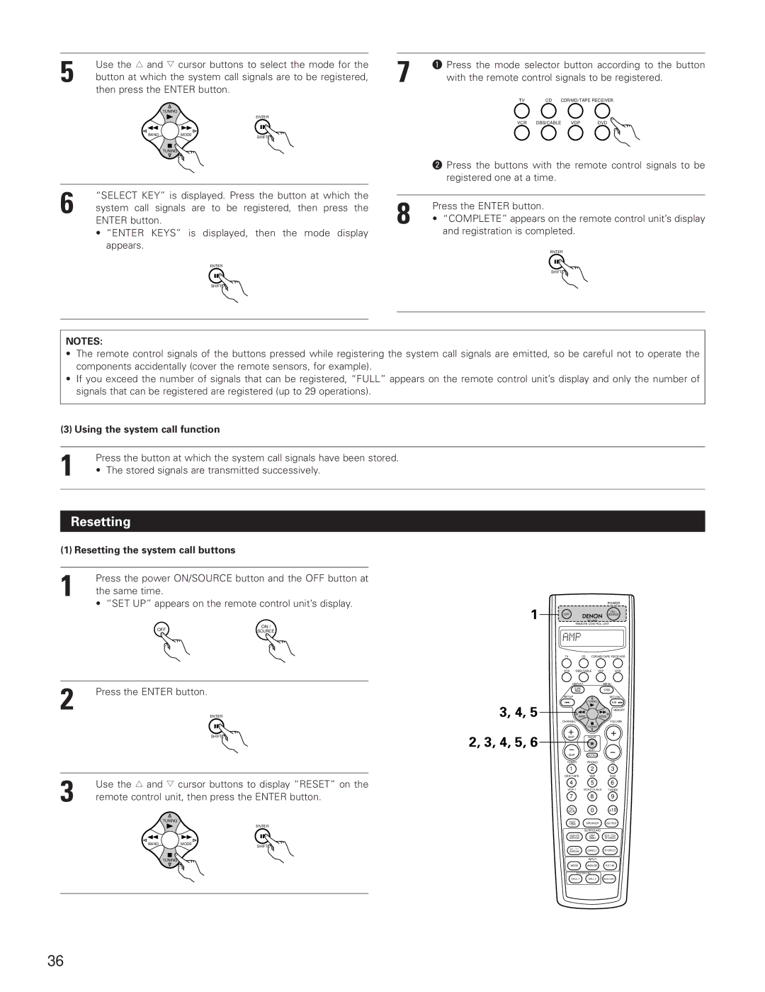 Denon AVR-3801 manual Using the system call function, Resetting the system call buttons 