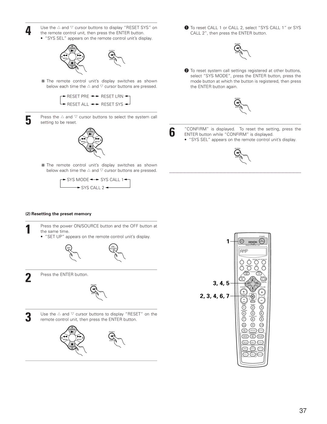 Denon AVR-3801 manual Reset PRE Reset LRN, Reset ALL Reset SYS, SYS Mode SYS Call, Resetting the preset memory 