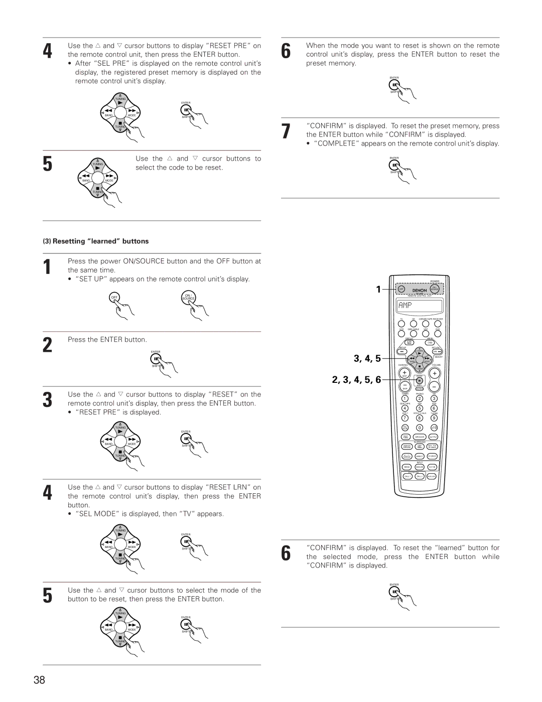 Denon AVR-3801 manual Resetting learned buttons 