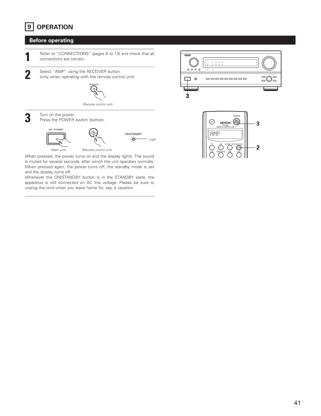 Denon AVR-3801 manual Operation, Before operating, Refer to Connections pages 6 to 13 and check that all 