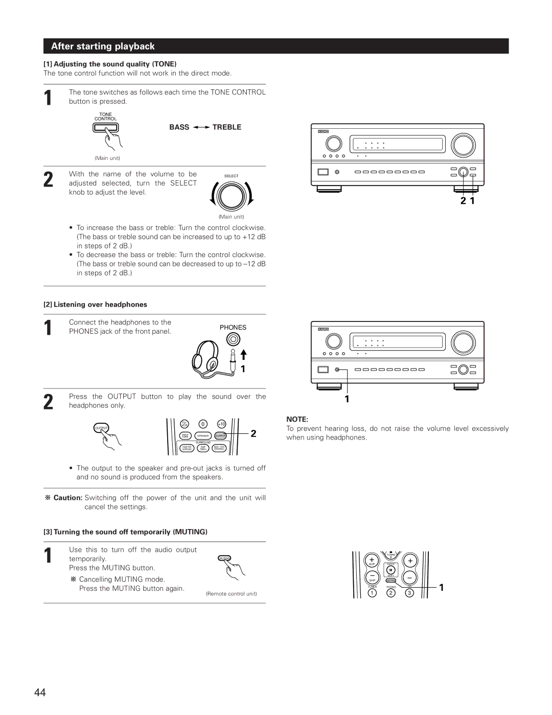 Denon AVR-3801 manual After starting playback, Adjusting the sound quality Tone, Listening over headphones 