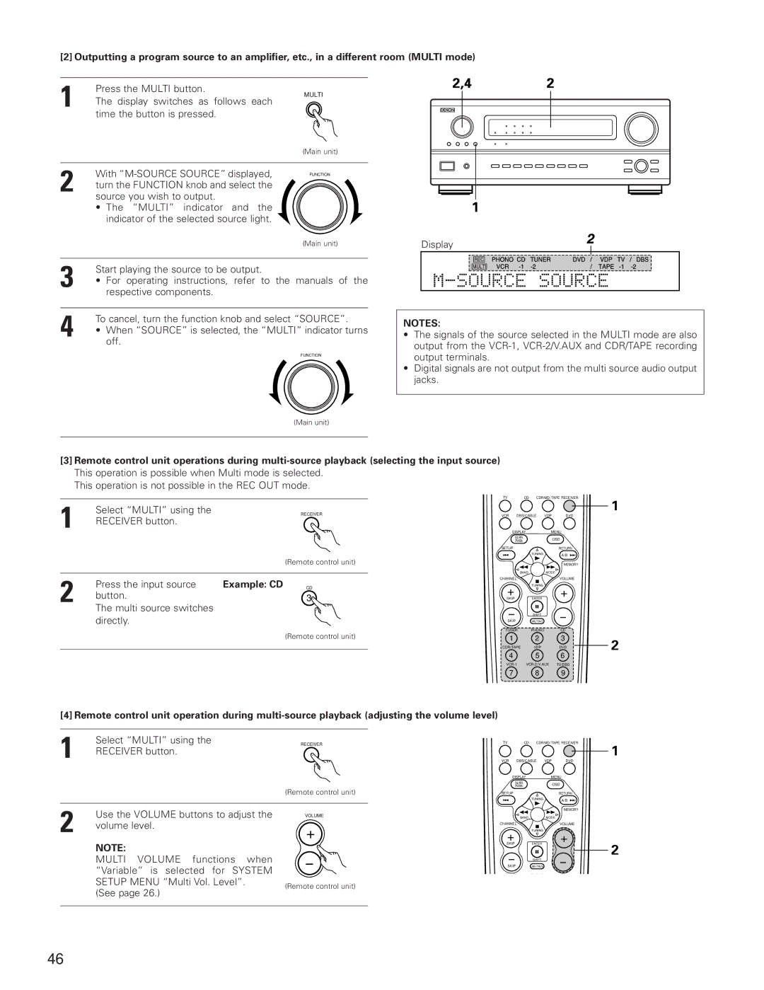 Denon AVR-3801 Press the Multi button, Display switches as follows each, Time the button is pressed, Select Multi using 