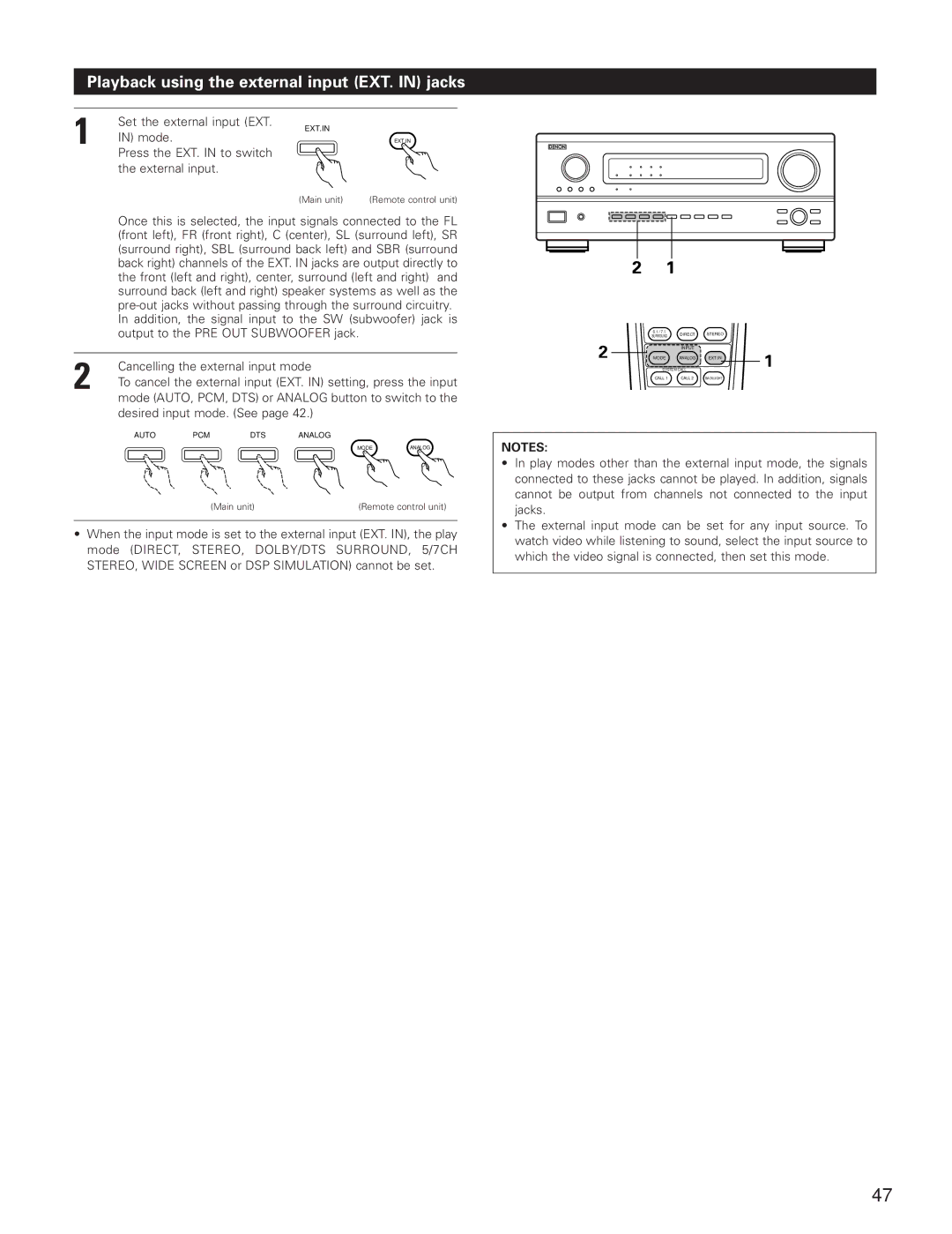 Denon AVR-3801 manual Playback using the external input EXT. in jacks, Set the external input EXT, Mode 