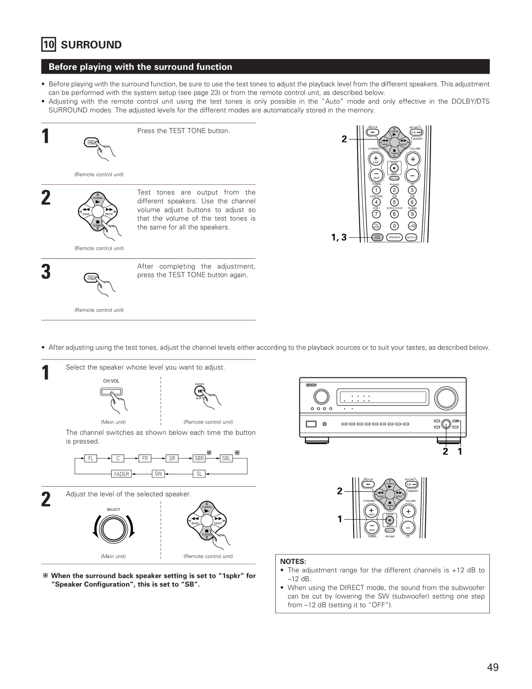 Denon AVR-3801 manual Surround, Before playing with the surround function 