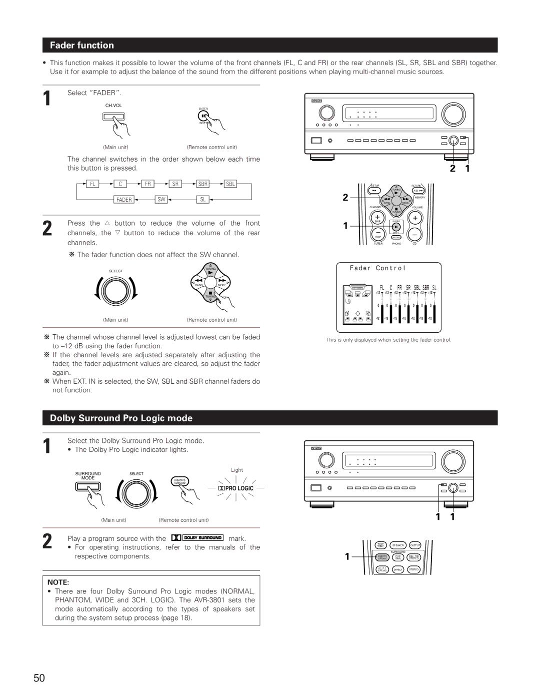 Denon AVR-3801 manual Fader function, Dolby Surround Pro Logic mode 