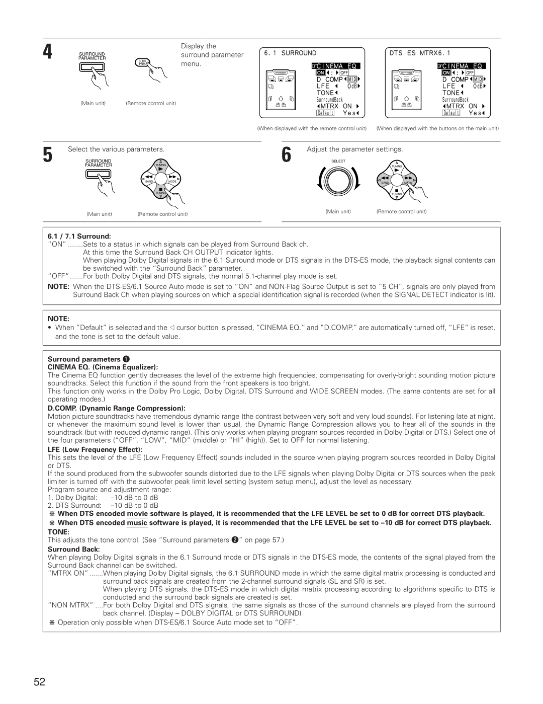 Denon AVR-3801 manual Surround parameters q Cinema EQ. Cinema Equalizer, COMP. Dynamic Range Compression, Surround Back 