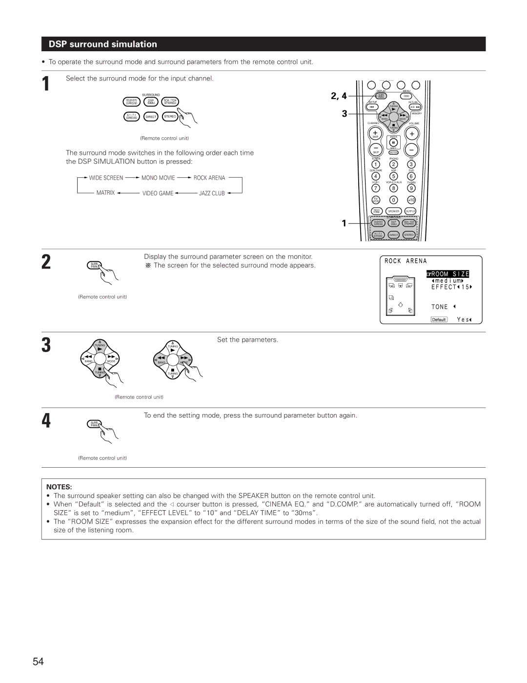 Denon AVR-3801 manual DSP surround simulation, Set the parameters 