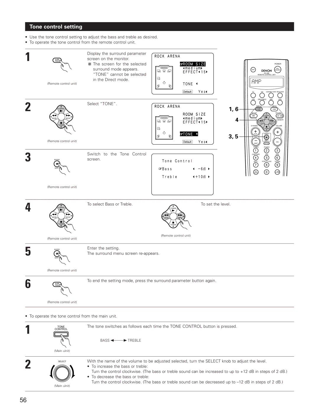 Denon AVR-3801 manual Tone control setting 