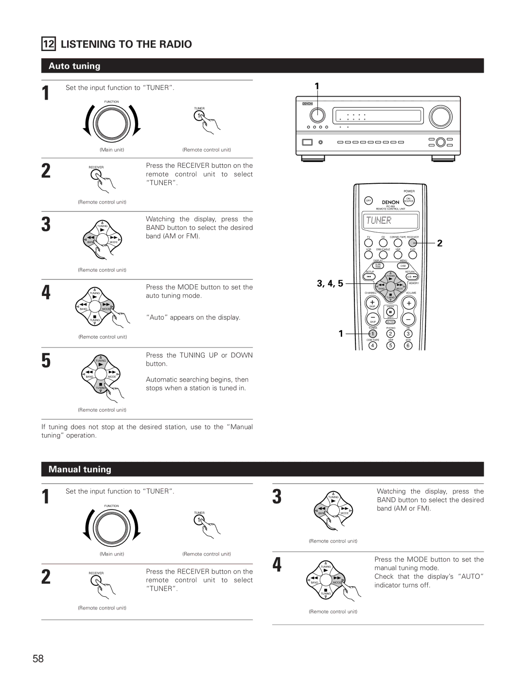 Denon AVR-3801 manual Listening to the Radio, Auto tuning, Manual tuning, Tuner 