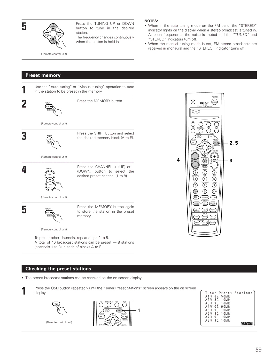 Denon AVR-3801 manual Preset memory, Checking the preset stations 