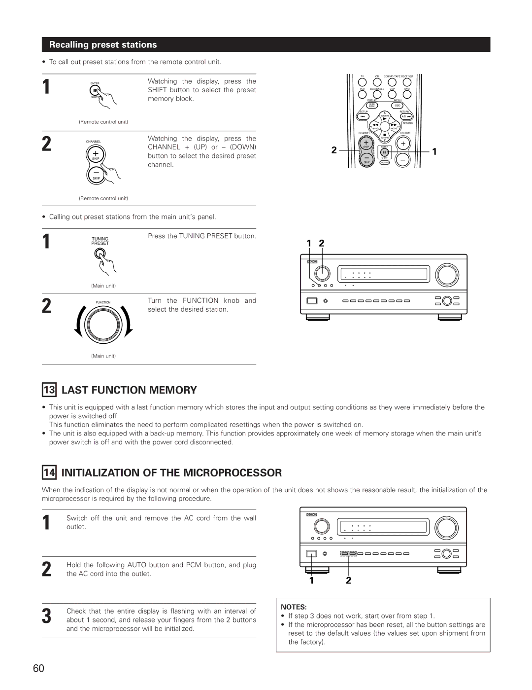 Denon AVR-3801 manual Last Function Memory, Initialization of the Microprocessor, Recalling preset stations 