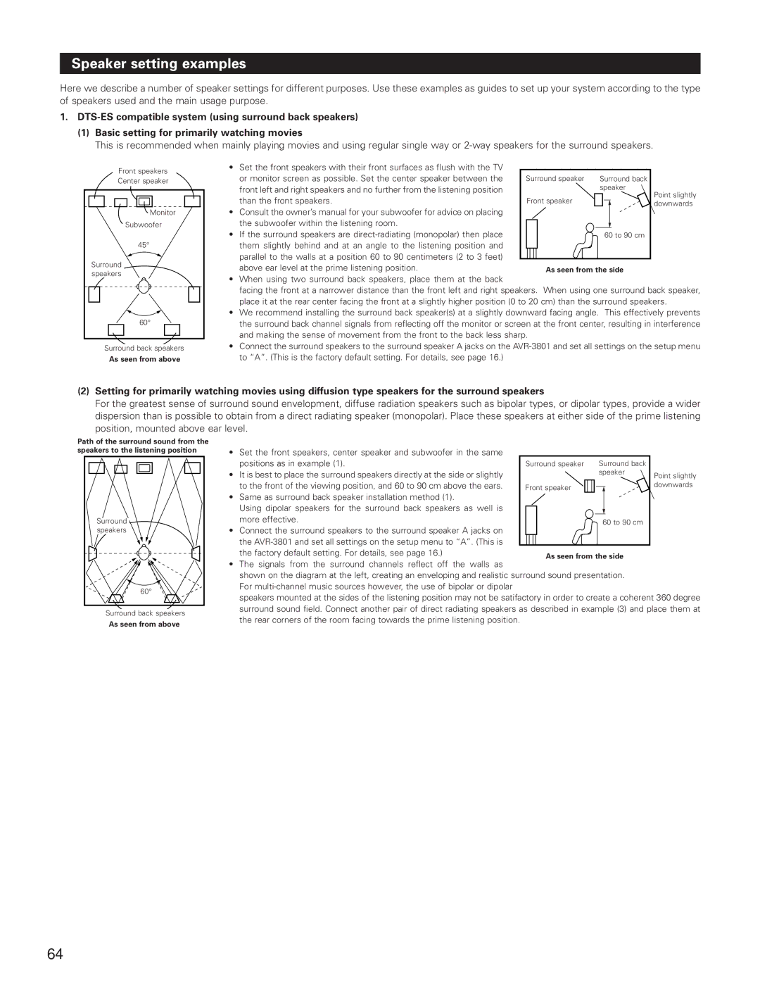 Denon AVR-3801 manual Speaker setting examples 