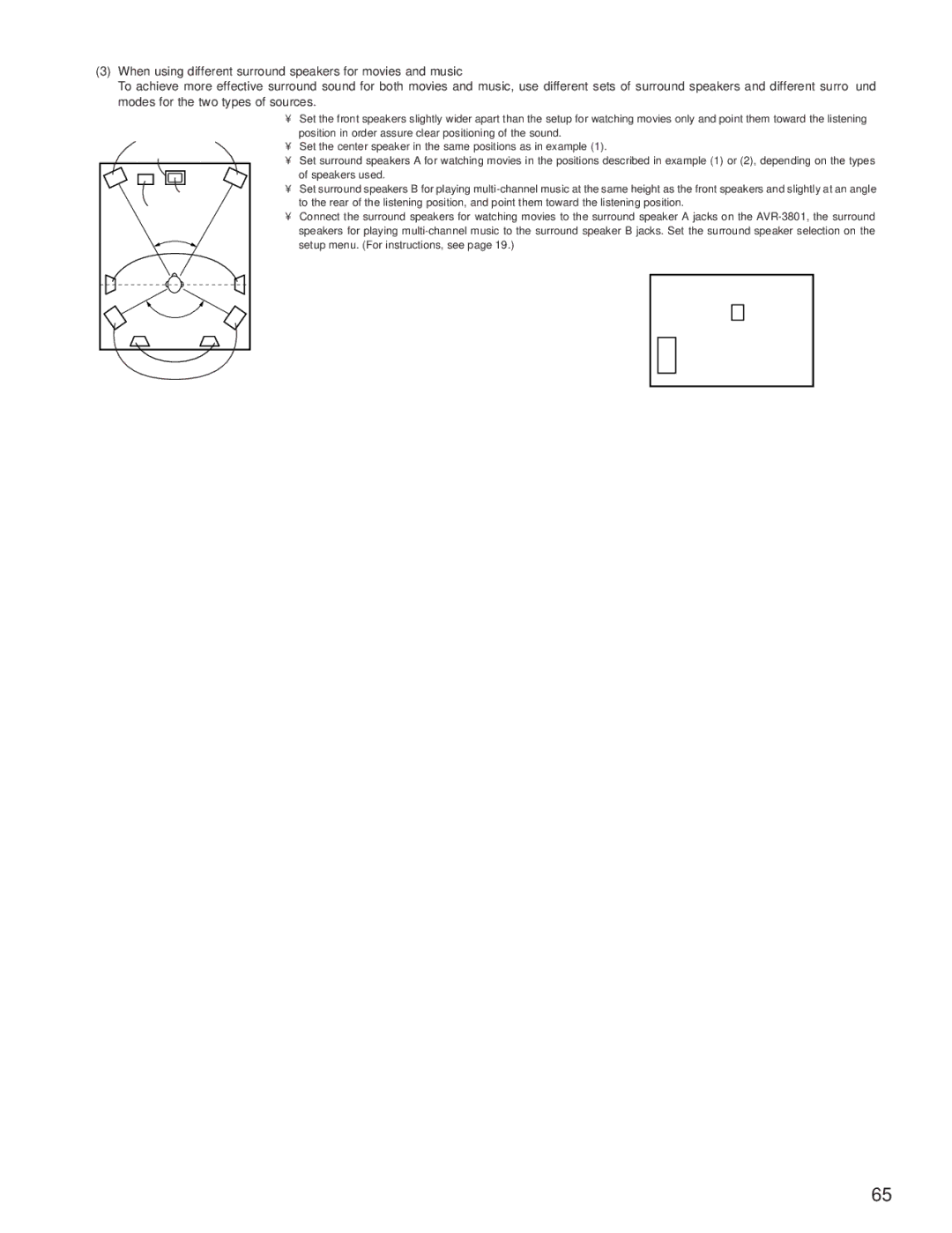 Denon AVR-3801 manual When using different surround speakers for movies and music, When not using surround back speakers 