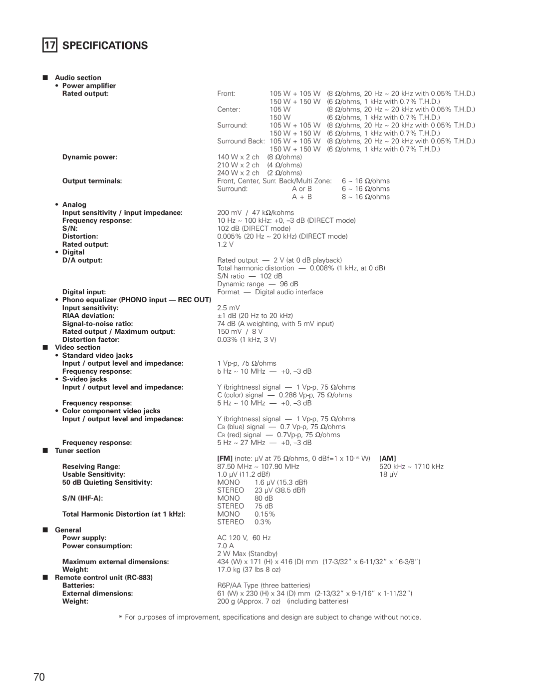 Denon AVR-3801 manual Specifications 