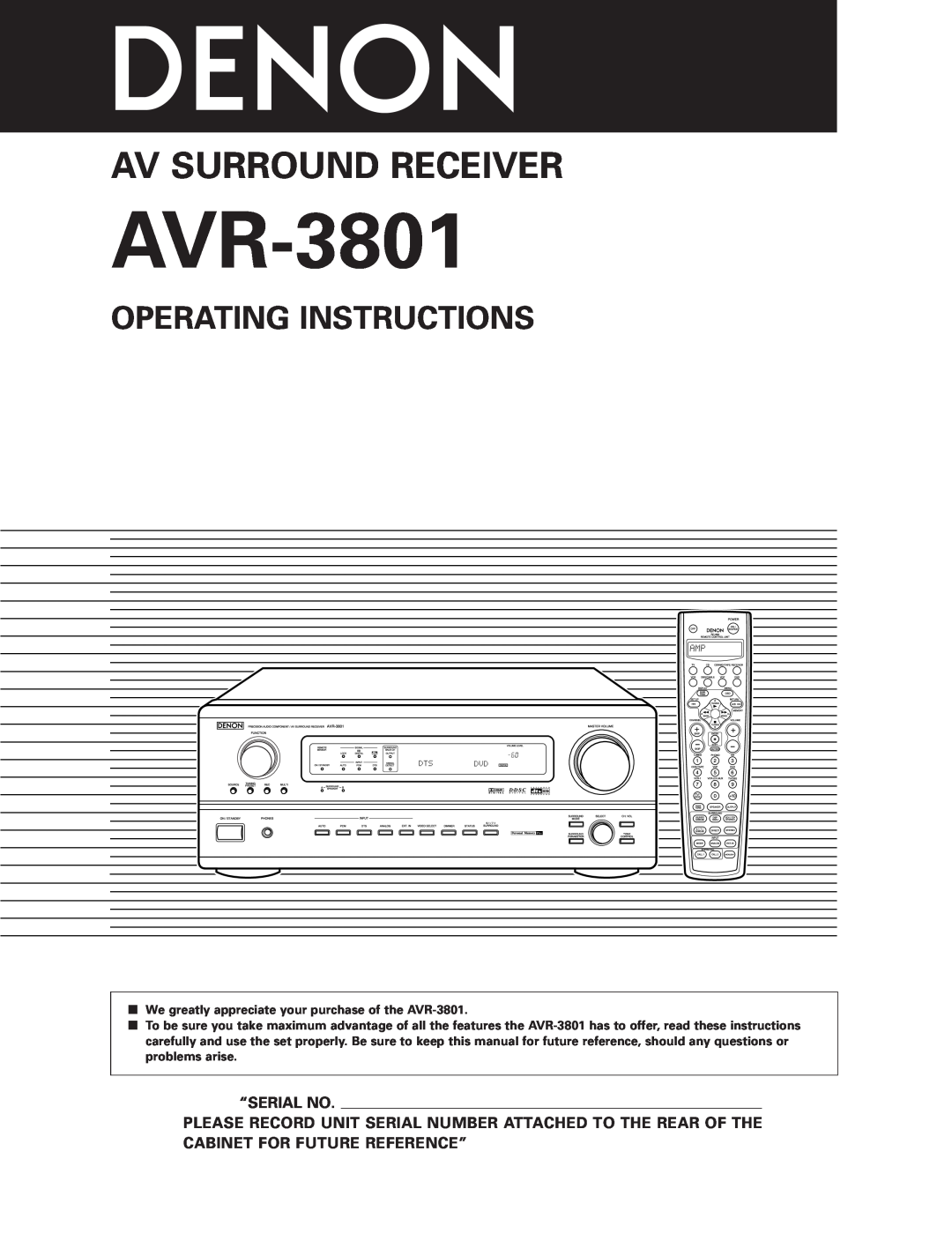 Denon AVR-3801 manual Operating Instructions, “Serial No, Av Surround Receiver 